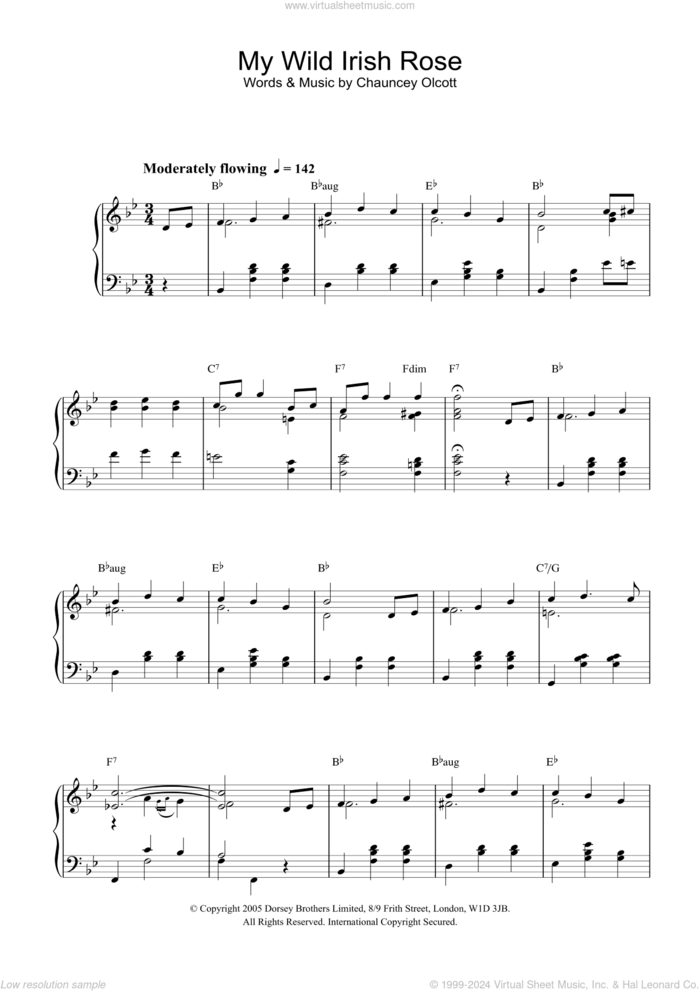 My Wild Irish Rose sheet music for piano solo  and Chauncey Olcott, intermediate skill level