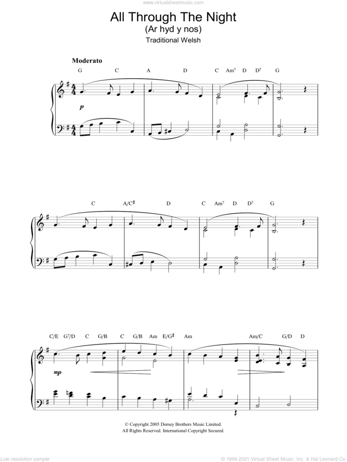 All Through The Night sheet music for piano solo, intermediate skill level