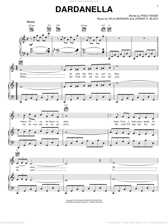 Dardanella sheet music for voice, piano or guitar by Felix Bernard, Fred Fisher and Johnny S. Black, intermediate skill level