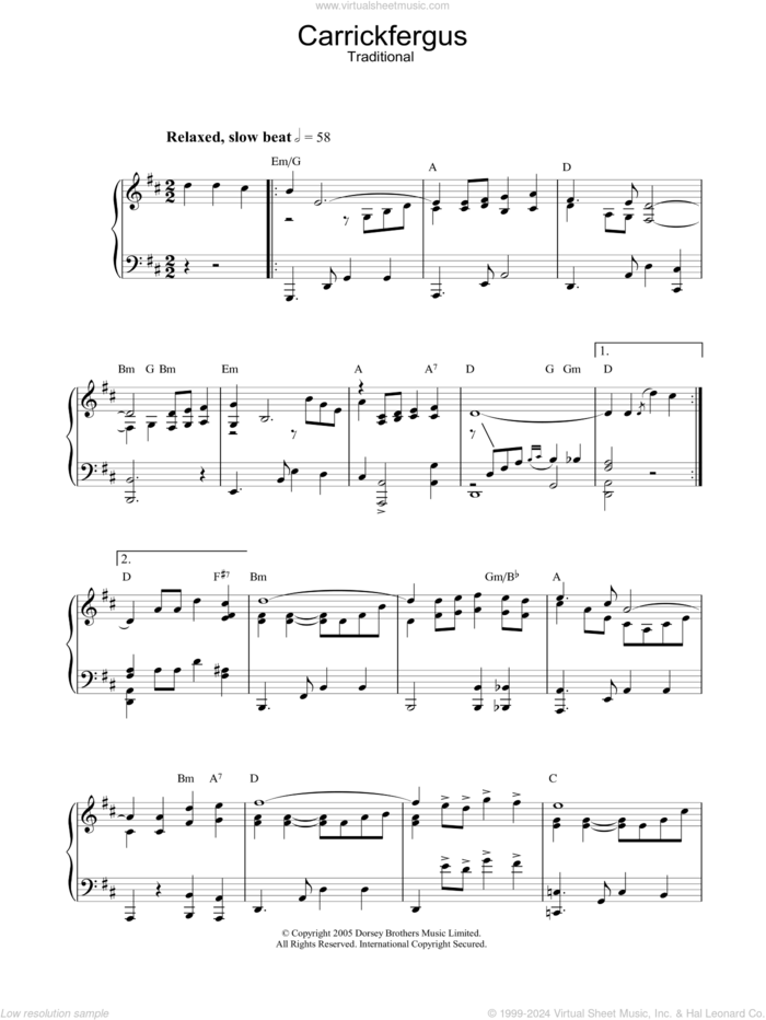 Carrickfergus, (intermediate) sheet music for piano solo, intermediate skill level