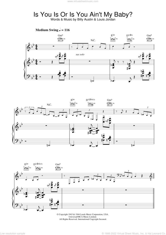 Is You Is Or Is You Ain't My Baby? sheet music for voice, piano or guitar by Louis Jordan, Diana Krall, Austin,Billy and Billy Austin, intermediate skill level