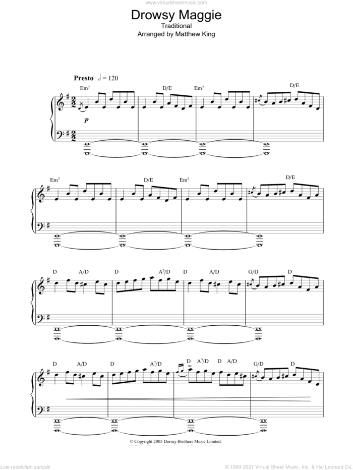 Drowsy Maggie sheet music for piano solo by Traditional Irish Song and Miscellaneous, intermediate skill level