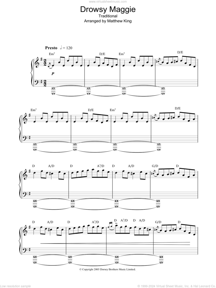 Drowsy Maggie sheet music for piano solo by Traditional Irish Song and Miscellaneous, intermediate skill level