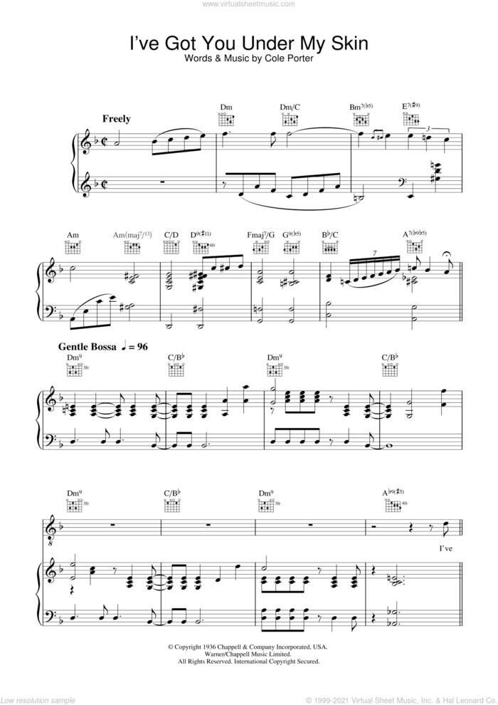 I've Got You Under My Skin sheet music for voice, piano or guitar by Diana Krall and Cole Porter, intermediate skill level
