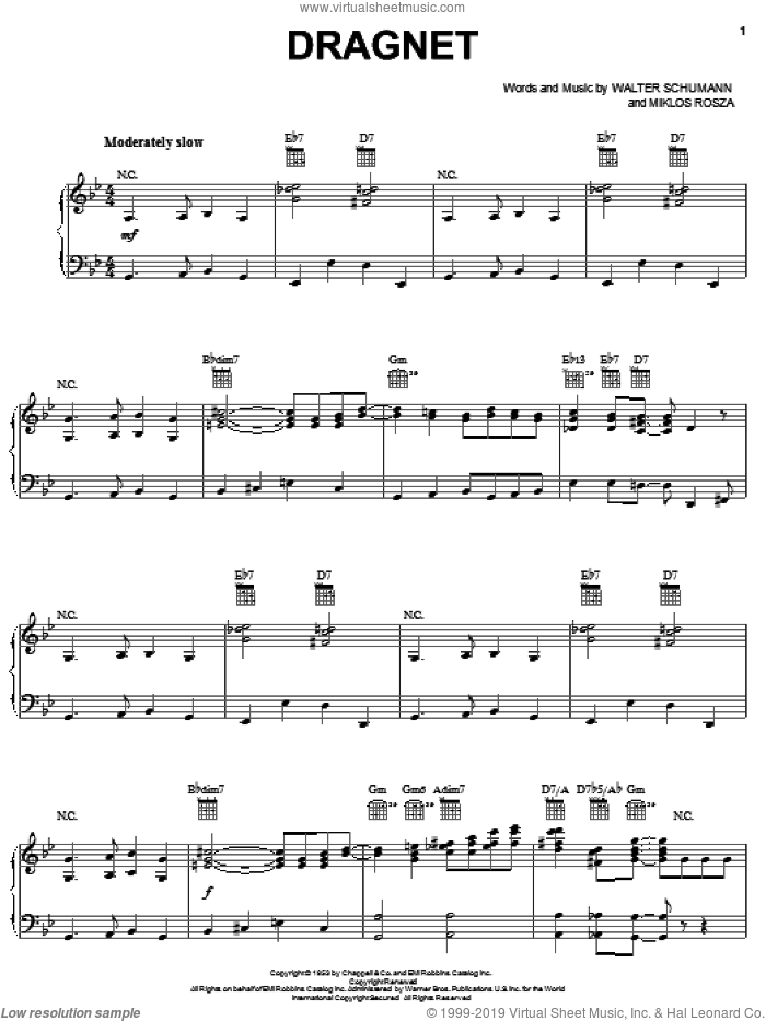 Dragnet sheet music for piano solo by Walter Schumann and Miklos Rozsa, intermediate skill level