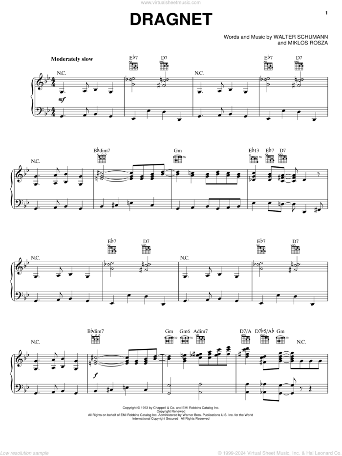 Dragnet sheet music for piano solo by Walter Schumann and Miklos Rozsa, intermediate skill level