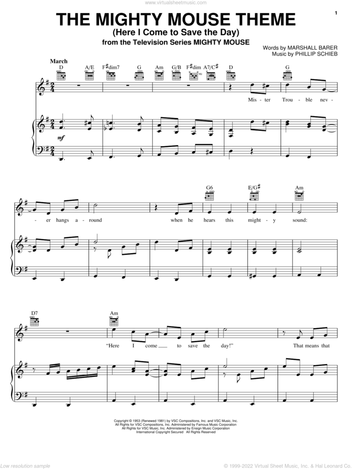 The Mighty Mouse Theme (Here I Come To Save The Day) sheet music for voice, piano or guitar by Marshall Barer and Phillip Schieb, intermediate skill level