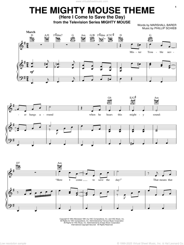 The Mighty Mouse Theme (Here I Come To Save The Day) sheet music for voice, piano or guitar by Marshall Barer and Phillip Schieb, intermediate skill level