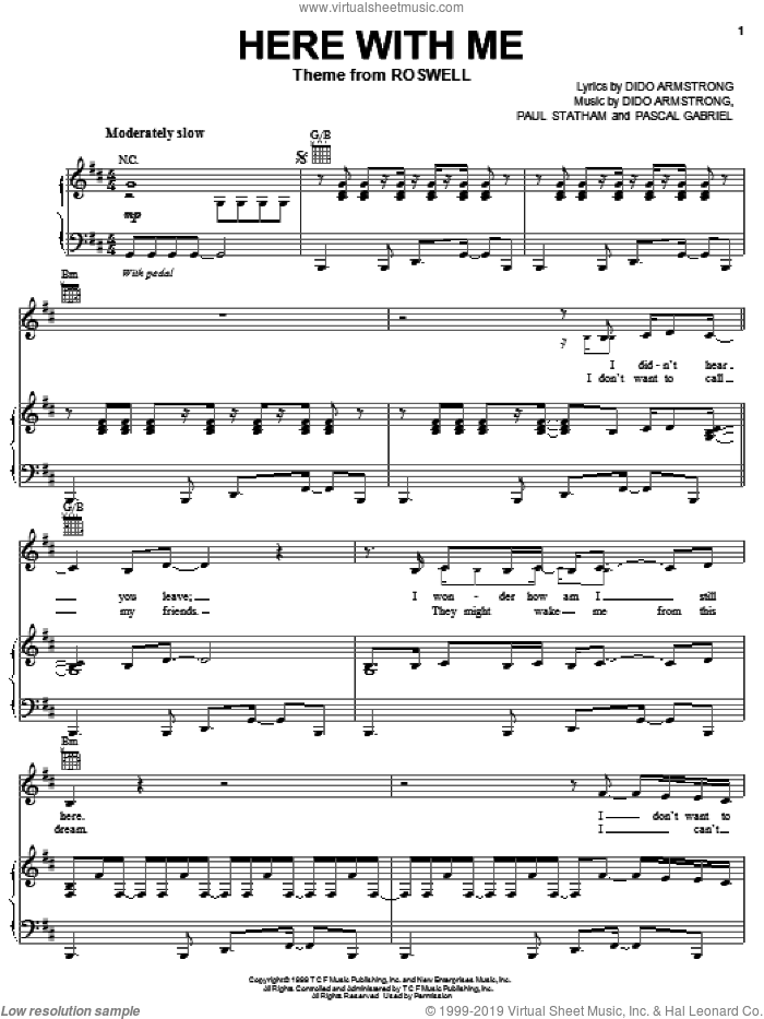 Here With Me sheet music for voice, piano or guitar by Dido Armstrong, Pascal Gabriel and Paul Statham, intermediate skill level