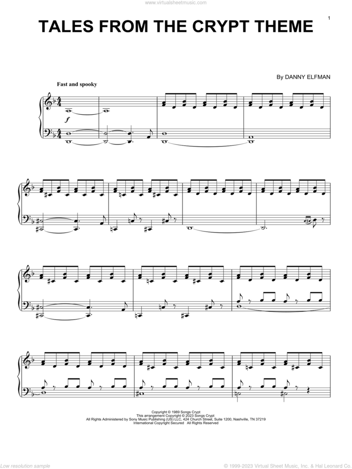 Tales From The Crypt Theme sheet music for piano solo by Danny Elfman, intermediate skill level