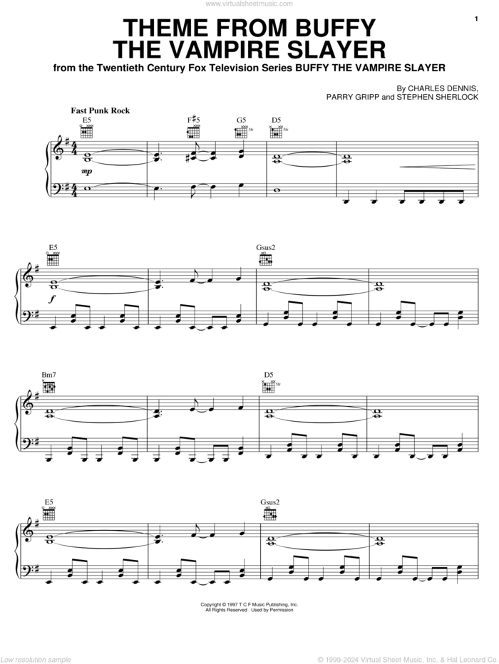 Theme From Buffy The Vampire Slayer sheet music for piano solo by Charles Dennis, Buffy The Vampire Slayer (TV Series), Parry Gripp and Stephen Sherlock, intermediate skill level