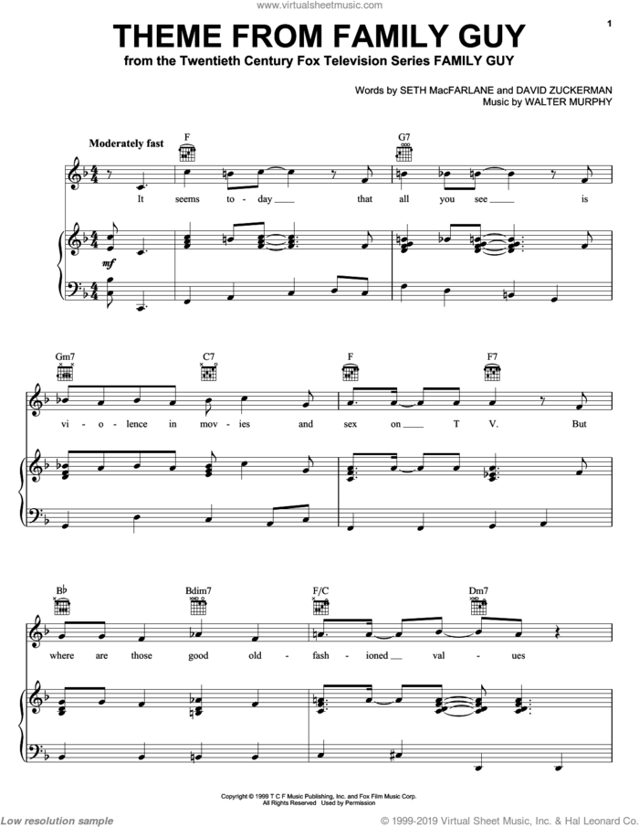 Theme From Family Guy sheet music for voice, piano or guitar by Seth MacFarlane, David Zuckerman and Walter Murphy, intermediate skill level