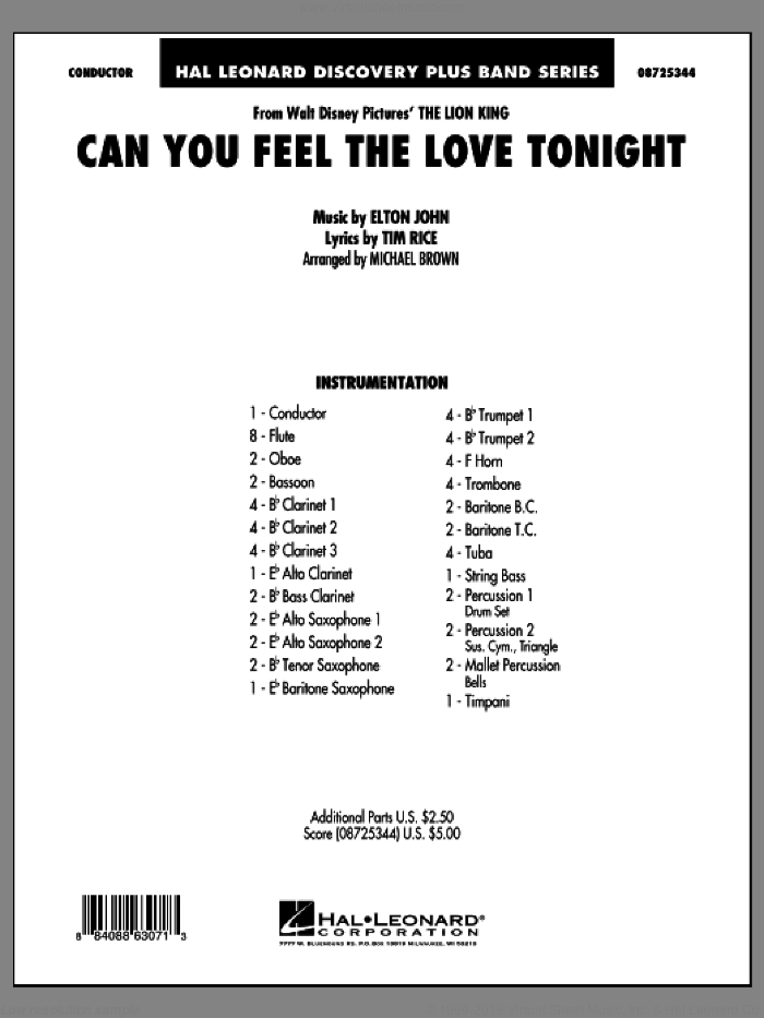 Can You Feel The Love Tonight? (from 'The Lion King') (COMPLETE) sheet music for concert band by Elton John, Michael Brown and Tim Rice, wedding score, intermediate skill level