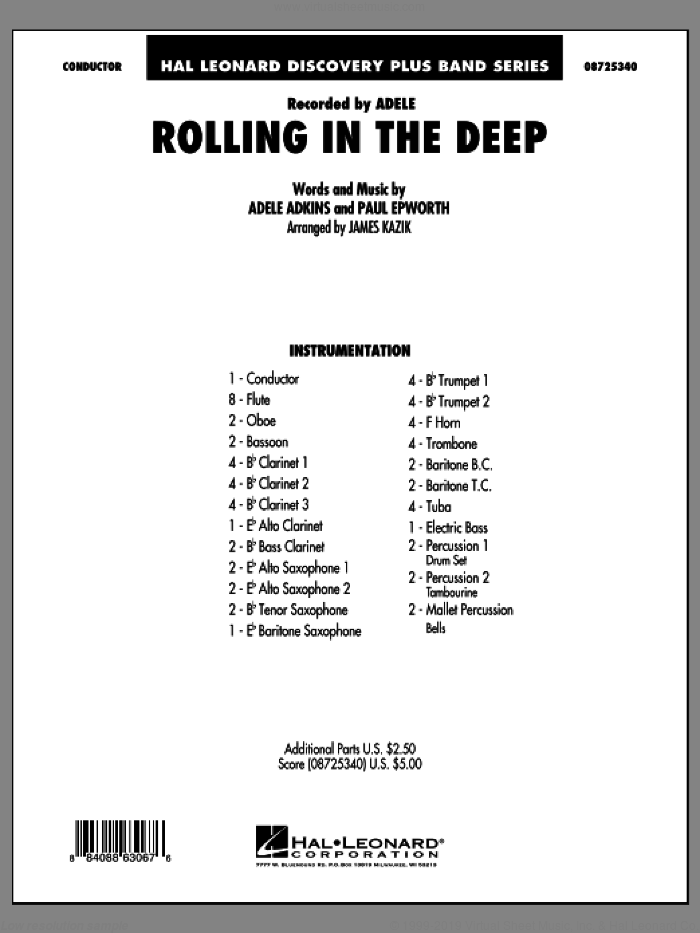 Rolling In The Deep (COMPLETE) sheet music for concert band by Paul Epworth, Adele Adkins, Adele and James Kazik, intermediate skill level