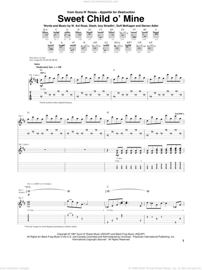 Sweet Child O' Mine sheet music for guitar (tablature) by Guns N' Roses, Axl Rose, Duff McKagan, Slash and Steven Adler, intermediate skill level