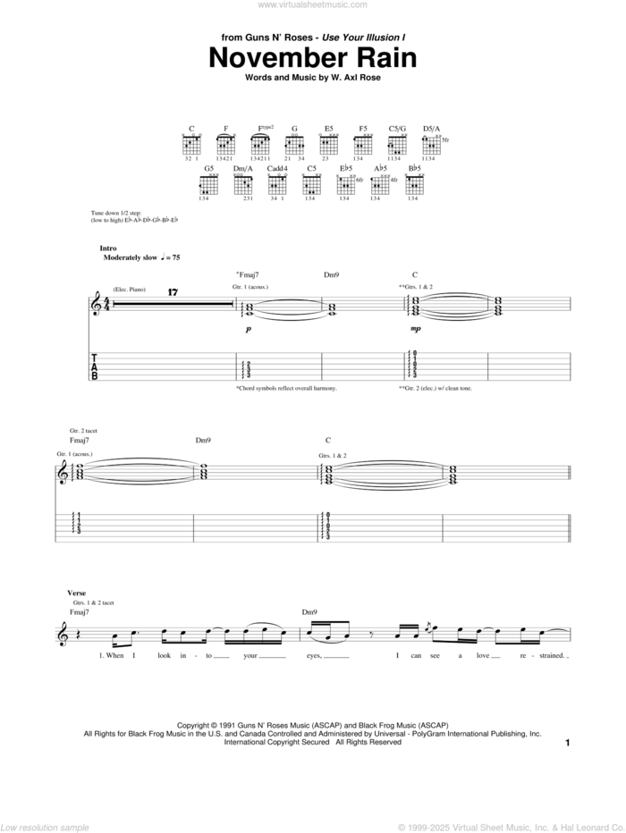 November Rain sheet music for guitar (tablature) by Guns N' Roses and Axl Rose, intermediate skill level