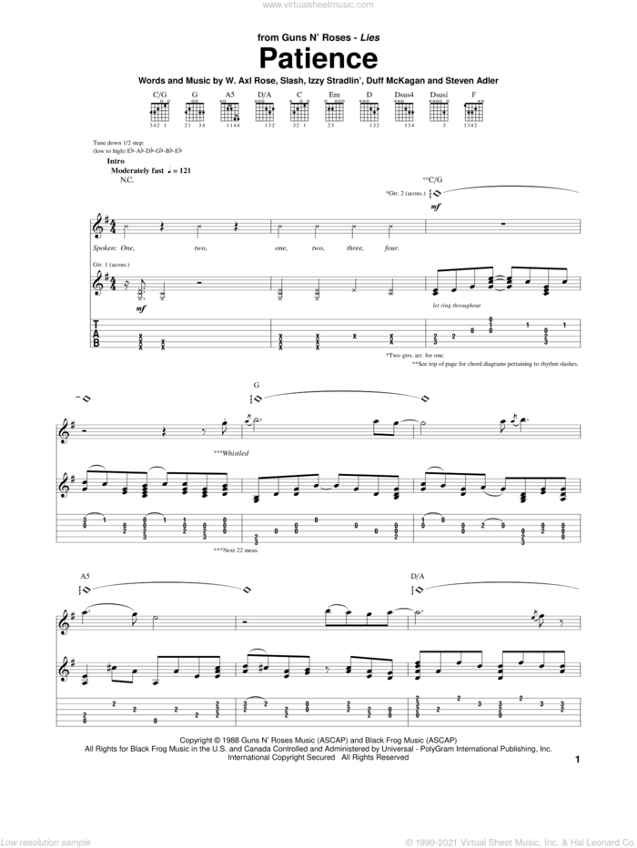 Patience sheet music for guitar (tablature) by Guns N' Roses, Axl Rose, Duff McKagan, Slash and Steven Adler, intermediate skill level