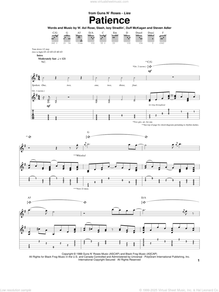 Patience sheet music for guitar (tablature) by Guns N' Roses, Axl Rose, Duff McKagan, Slash and Steven Adler, intermediate skill level