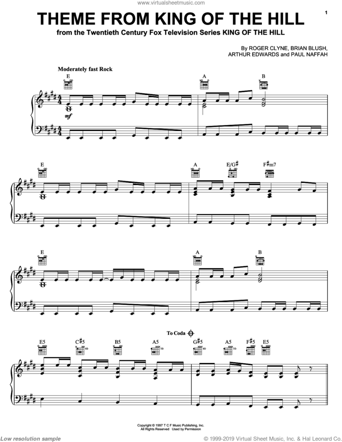Theme From King Of The Hill sheet music for piano solo by Roger Clyne, Arthur Edwards, Brian Blush and Paul Naffah, intermediate skill level