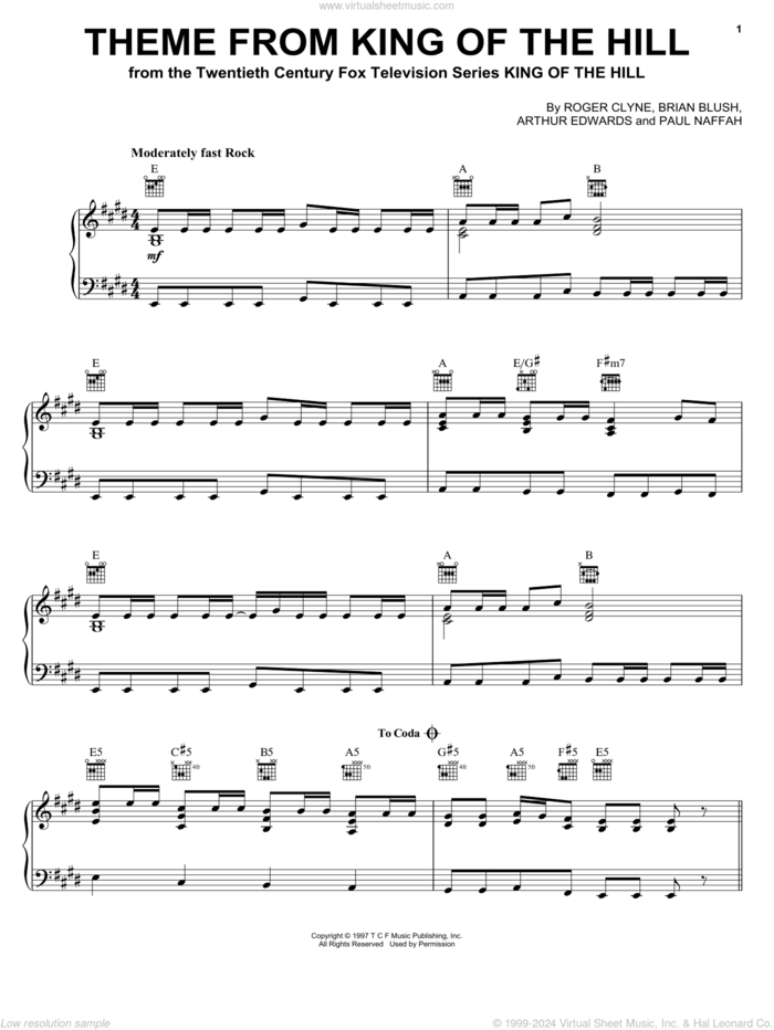 Theme From King Of The Hill sheet music for piano solo by Roger Clyne, Arthur Edwards, Brian Blush and Paul Naffah, intermediate skill level