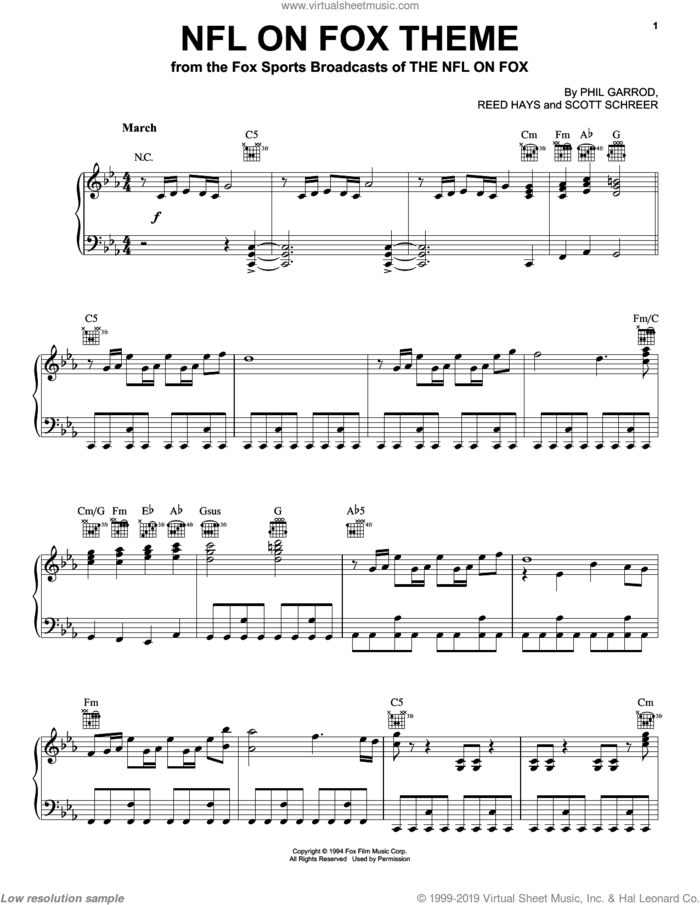 NFL On Fox Theme, (intermediate) sheet music for piano solo by Phil Garrod, Reed Hays and Scott Schreer, intermediate skill level