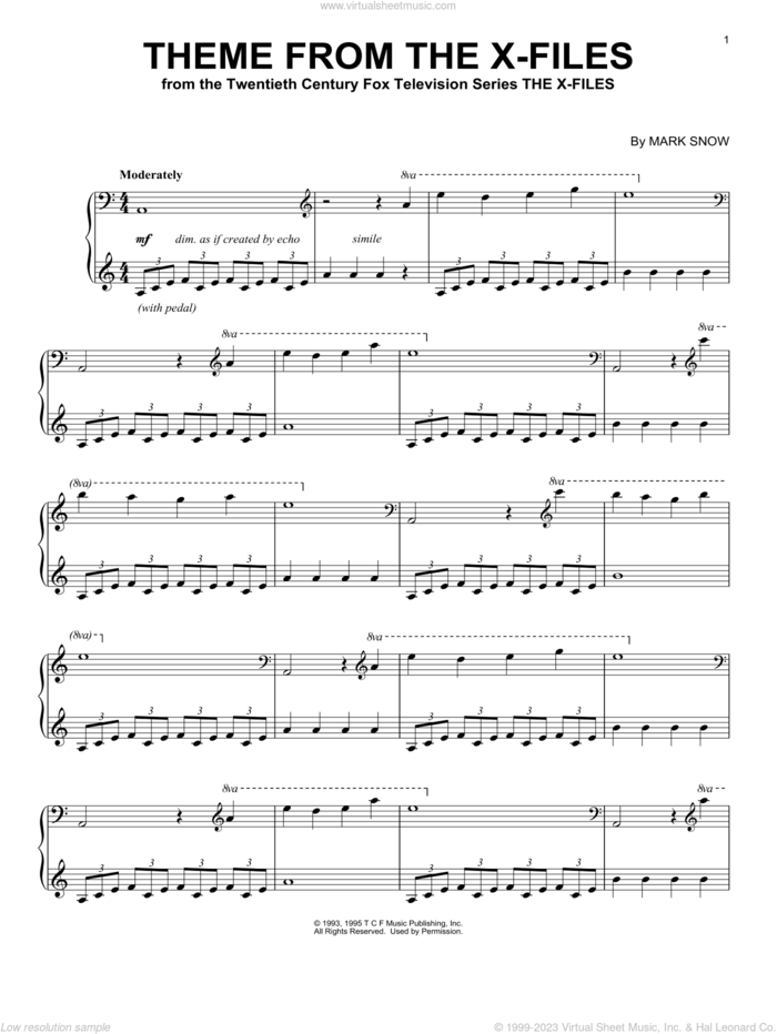 Theme From The X-Files, (intermediate) sheet music for piano solo by Mark Snow, intermediate skill level