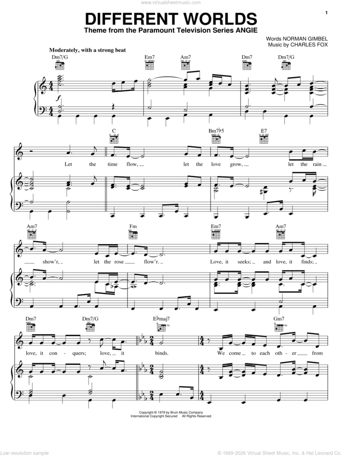 Different Worlds sheet music for voice, piano or guitar by Norman Gimbel and Charles Fox, intermediate skill level