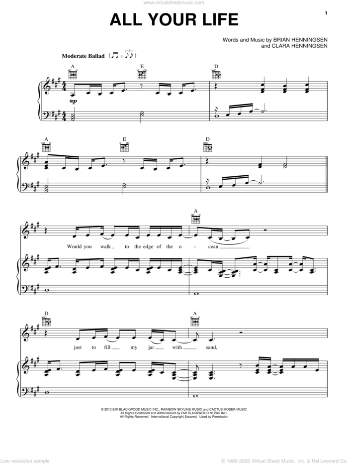 All Your Life sheet music for voice, piano or guitar by The Band Perry, Brian Henningsen and Clara Henningsen, intermediate skill level