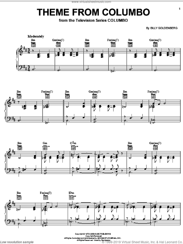 Theme From Columbo sheet music for piano solo by Billy Goldenberg, intermediate skill level