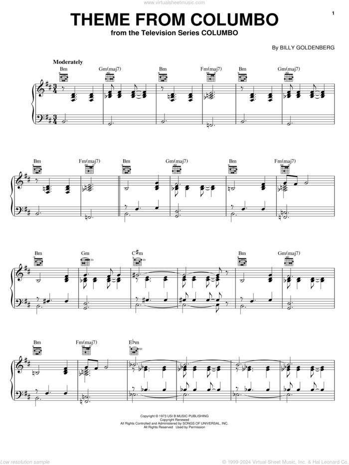 Theme From Columbo sheet music for piano solo by Billy Goldenberg, intermediate skill level