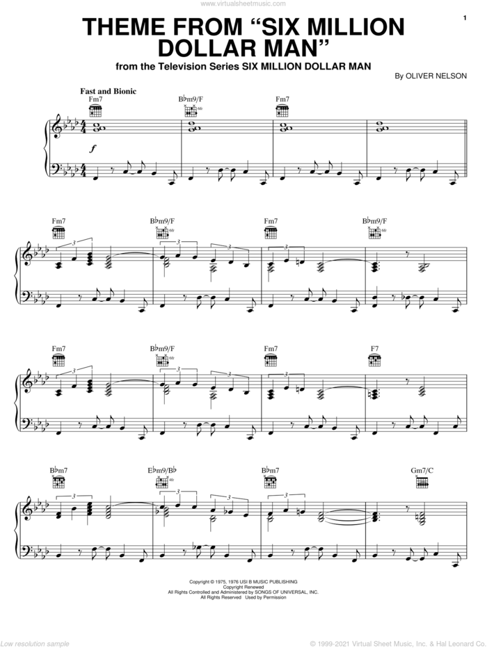 Theme From Six Million Dollar Man sheet music for piano solo by Oliver Nelson, intermediate skill level