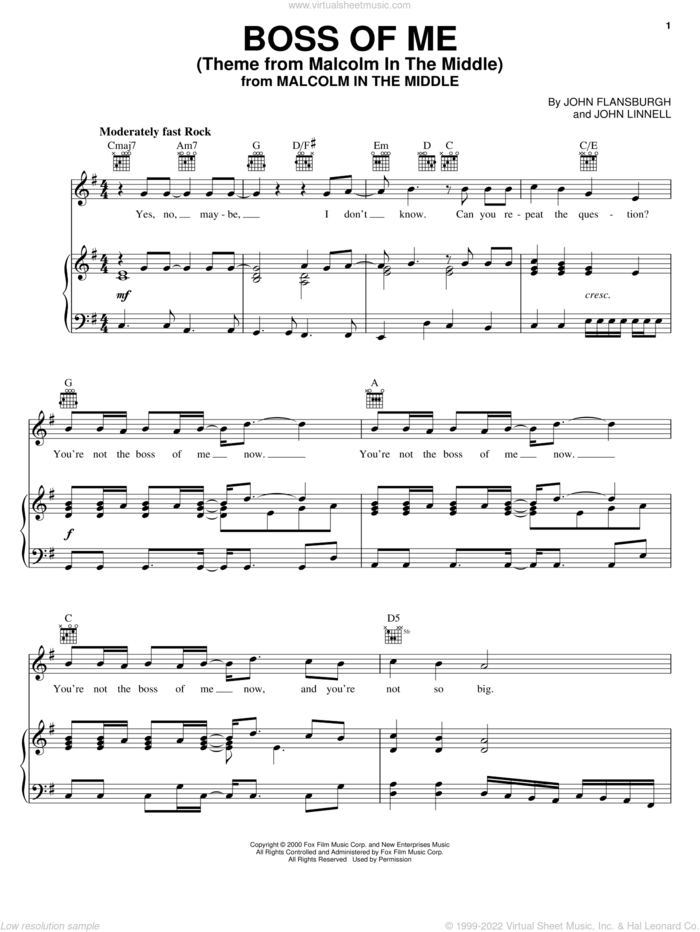 Boss Of Me (Theme From Malcolm In The Middle) sheet music for voice, piano or guitar by They Might Be Giants, John Flansburgh and John Linell, intermediate skill level