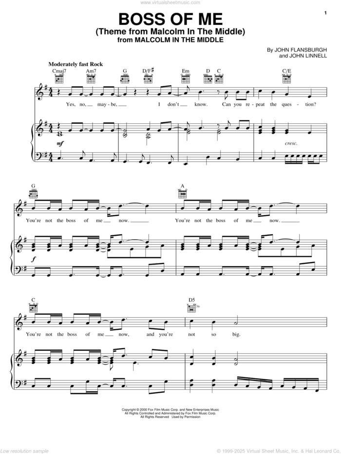 Boss Of Me (Theme From Malcolm In The Middle) sheet music for voice, piano or guitar by They Might Be Giants, John Flansburgh and John Linell, intermediate skill level