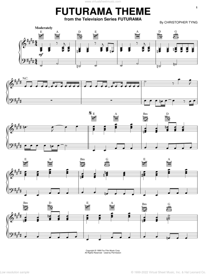 Futurama Theme sheet music for piano solo by Christopher Tyng, intermediate skill level