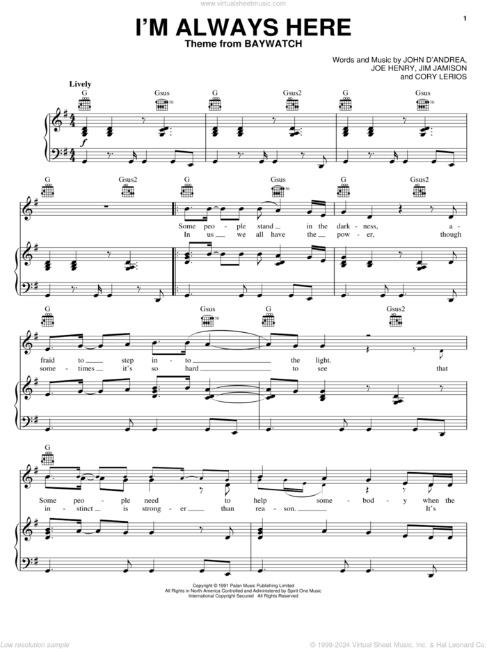 I'm Always Here (theme from Baywatch) sheet music for voice, piano or guitar by Jimi Jamison, Cory Lerios, Jim Jamison and Joe Henry, intermediate skill level