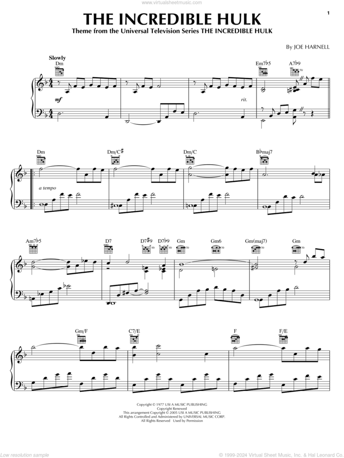 The Incredible Hulk, (intermediate) sheet music for piano solo by Joe Harnell, intermediate skill level