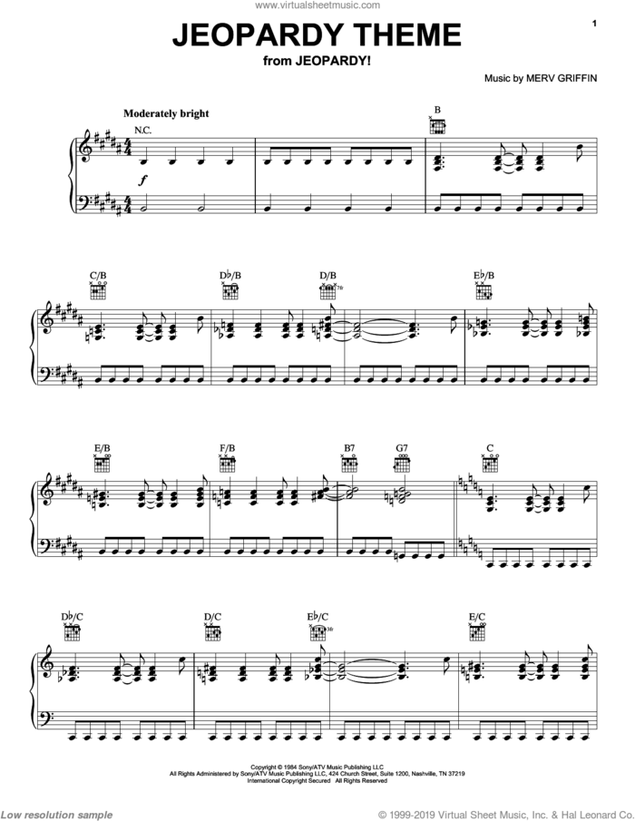 Jeopardy Theme, (intermediate) sheet music for piano solo by Merv Griffin, intermediate skill level