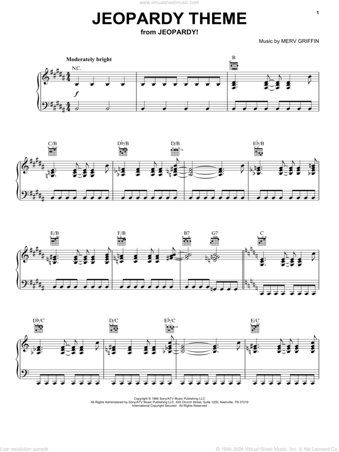 Jeopardy Theme, (intermediate) sheet music for piano solo by Merv Griffin, intermediate skill level