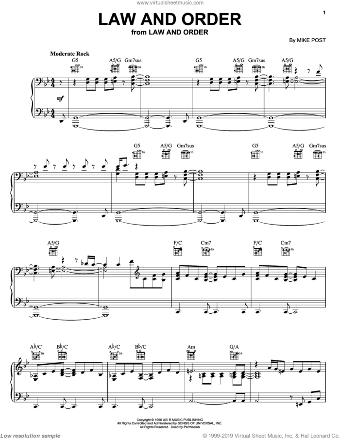 Law And Order, (intermediate) sheet music for piano solo by Mike Post, intermediate skill level