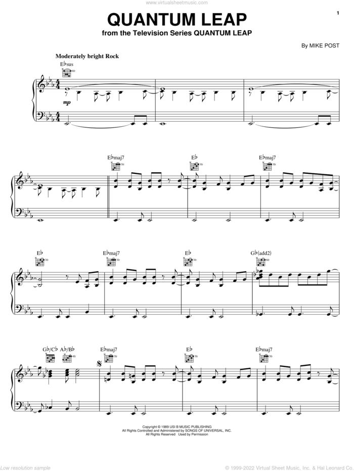 Quantum Leap sheet music for piano solo by Mike Post, intermediate skill level