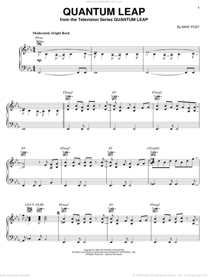 Quantum Leap sheet music for piano solo by Mike Post, intermediate skill level