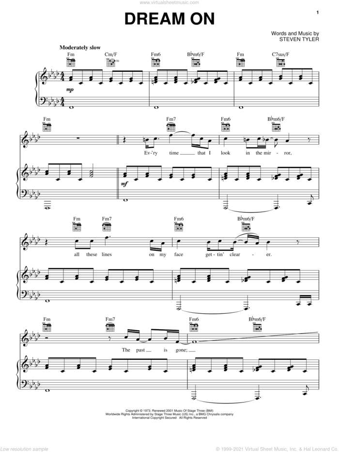 Dream On sheet music for voice, piano or guitar by Aerosmith, Miscellaneous and Steven Tyler, intermediate skill level
