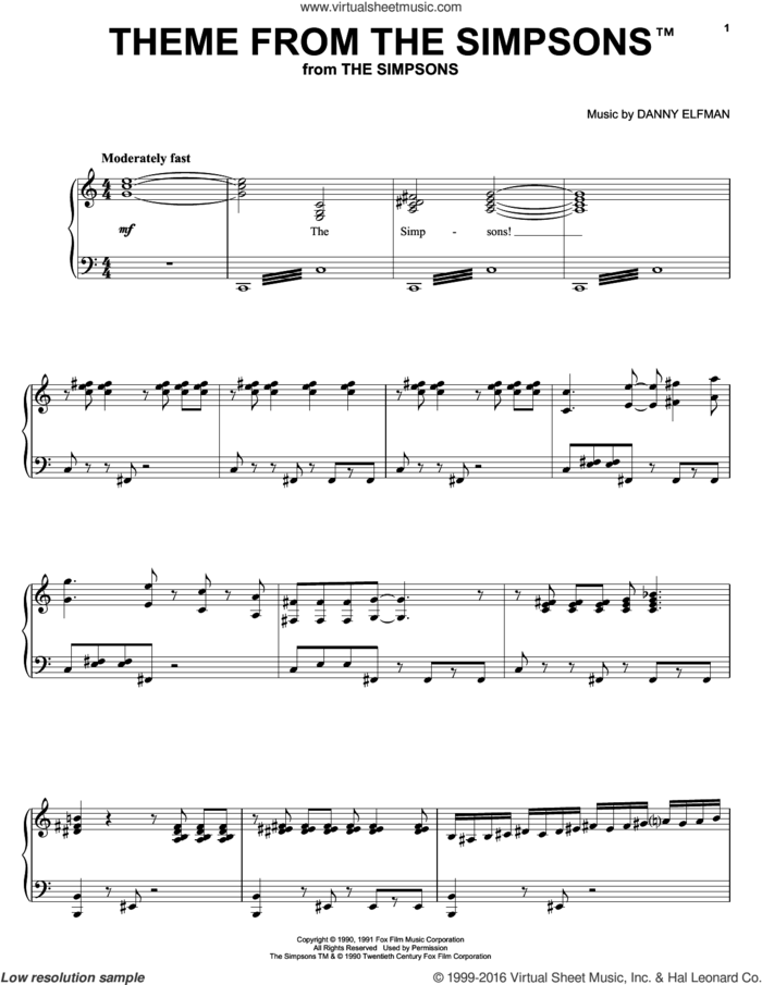 Theme From The Simpsons, (intermediate) sheet music for piano solo by Danny Elfman, The Simpsons and The Simpsons Movie, intermediate skill level
