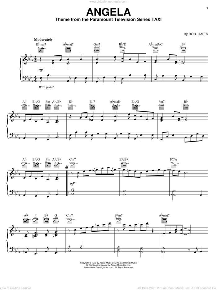 Angela, (intermediate) sheet music for piano solo by Bob James, intermediate skill level