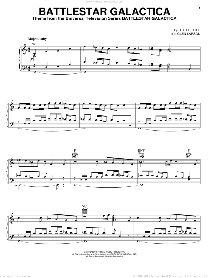 Battlestar Galactica sheet music for piano solo by Stu Phillips and Glen Larson, intermediate skill level