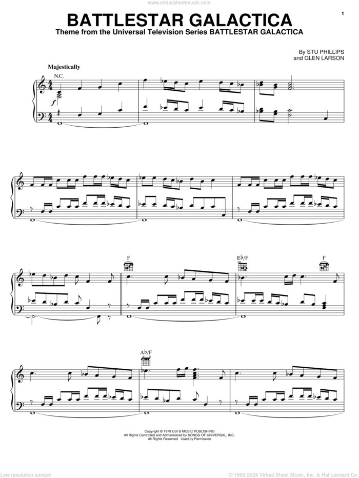 Battlestar Galactica sheet music for piano solo by Stu Phillips and Glen Larson, intermediate skill level