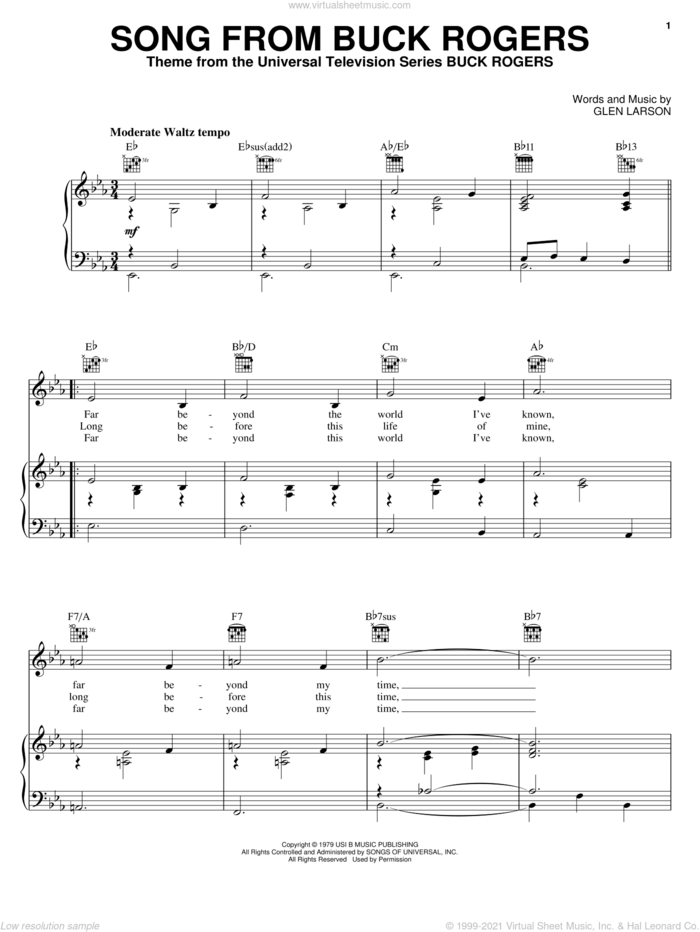 Song From Buck Rogers sheet music for voice, piano or guitar by Glen Larson, intermediate skill level
