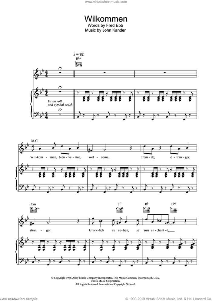 Willkommen (from Cabaret) sheet music for voice and piano by John Kander, Kander & Ebb and Fred Ebb, intermediate skill level