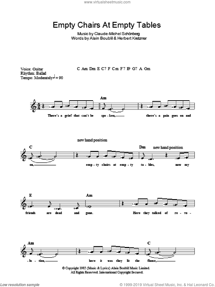 Empty Chairs At Empty Tables sheet music for voice and other instruments (fake book) by Alain Boublil, Claude-Michel Schonberg and Herbert Kretzmer, intermediate skill level