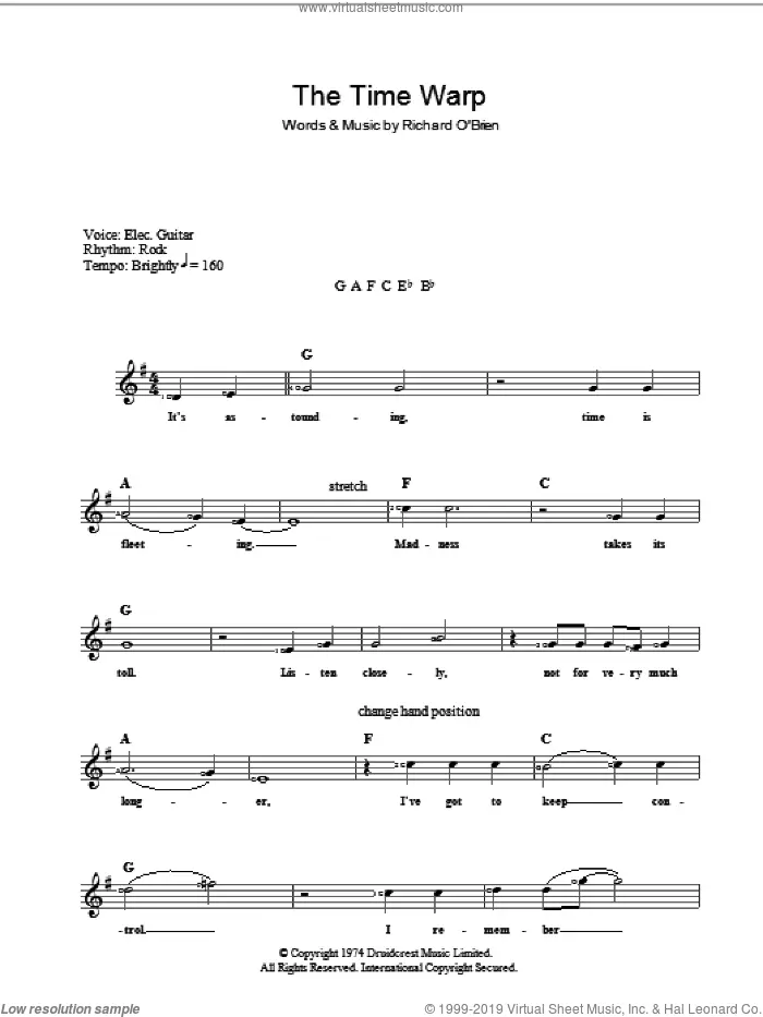 Time Warp sheet music for voice and other instruments (fake book) by Richard O'Brien and The Rocky Horror Picture Show, intermediate skill level